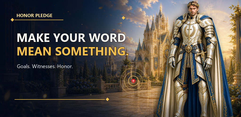 Honor Pledge: a knight before a golden citadel. Make your word mean something.
